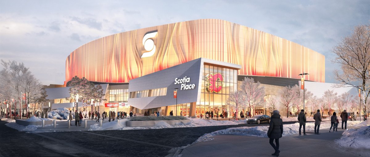 A rendering of the design of the new Calgary Flames arena that will be named Scotia Place.