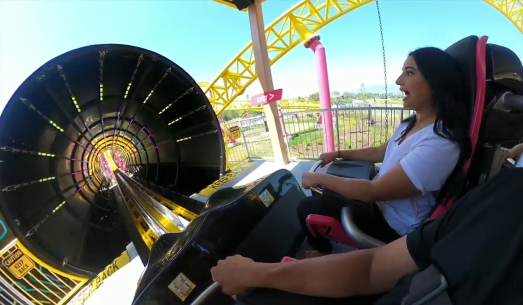 Global News Morning's Sonia Sunger rides Playland's new Thundervolt roller-coaster.