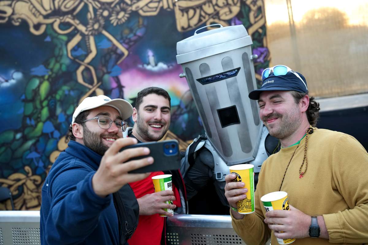 Count Binface, a candidate in Britain's upcoming general election, poses for a selfie