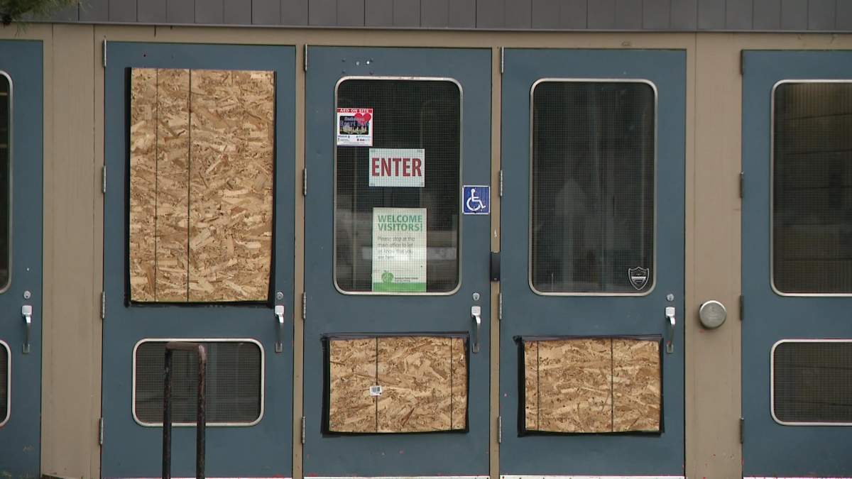 Fairhaven School had its windows on the front doors bashed in Monday.