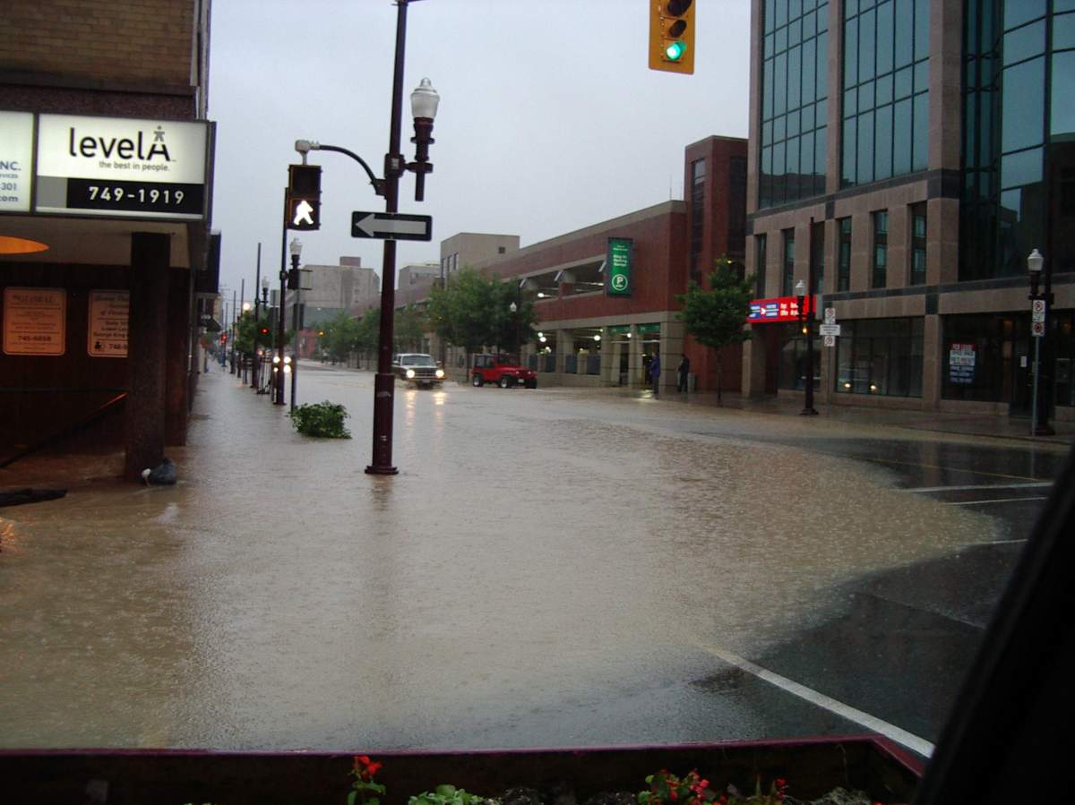 Flooding in downtown Peterborough at King and George streets on July 15, 2004.