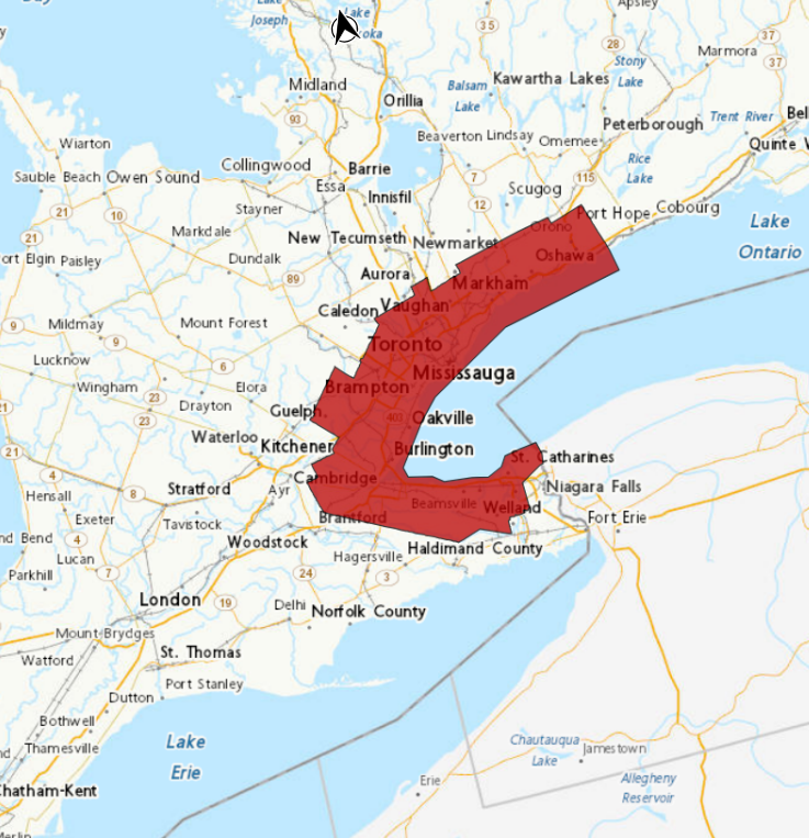 Areas shaded in red are under a heat warning.