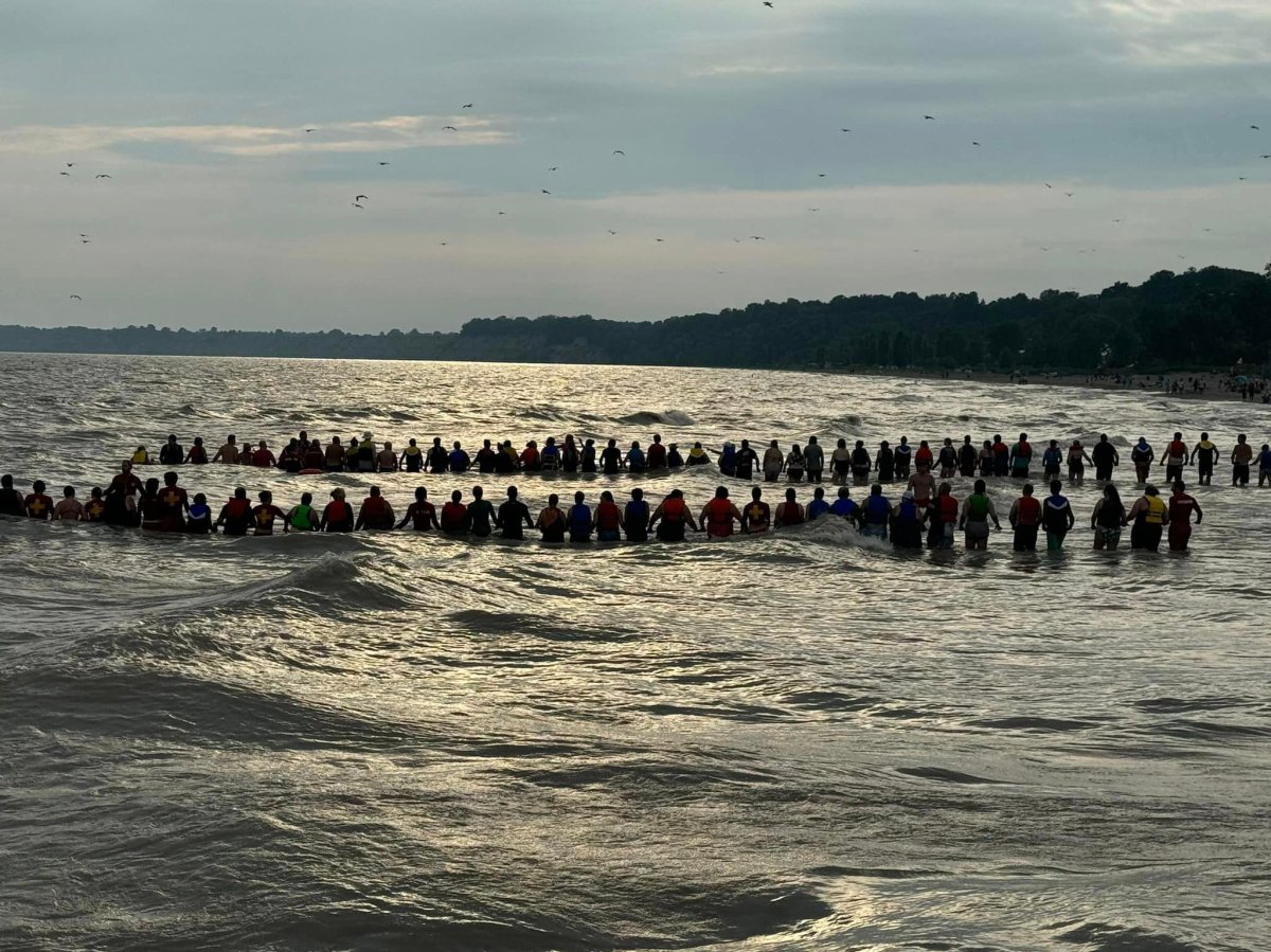 The silhouette of a human chain in a lake at dusk.