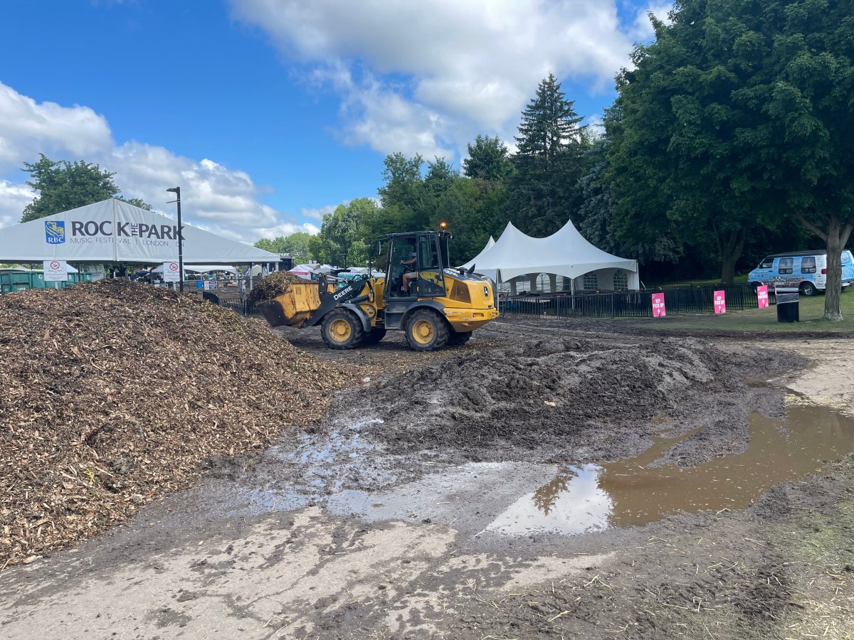 Wood chips, construction equipment and mud on the ground of a park in London, Ont.