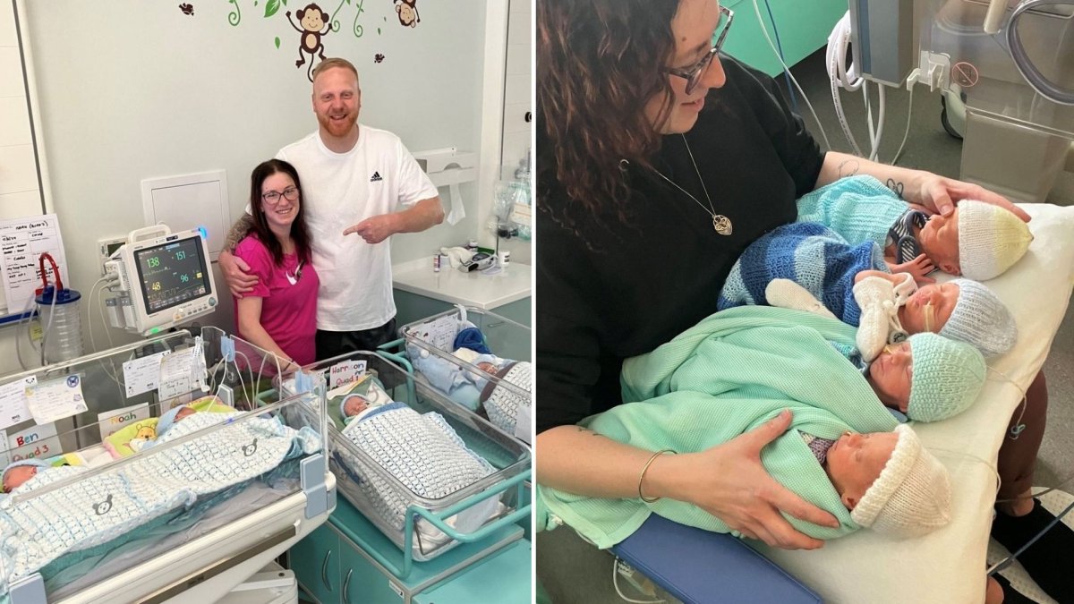A split image. On the left, the parents stand above four intubated newborns. On the right, mother Arlene is sitting with four swaddled newborns in her lap.