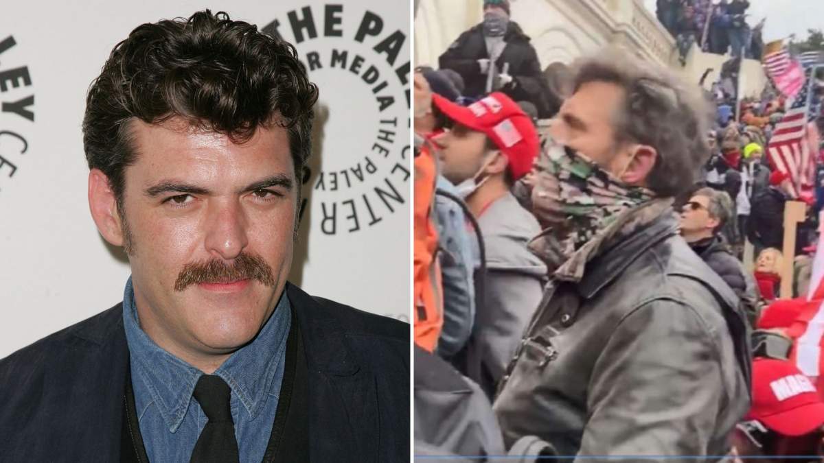 A split image. On the left, Jay Johnston is seen on a red carpet. He is smiling. On the right, Johnston is seen at the Jan. 6 riots. The bottom of his face is covered with a camo bandana.