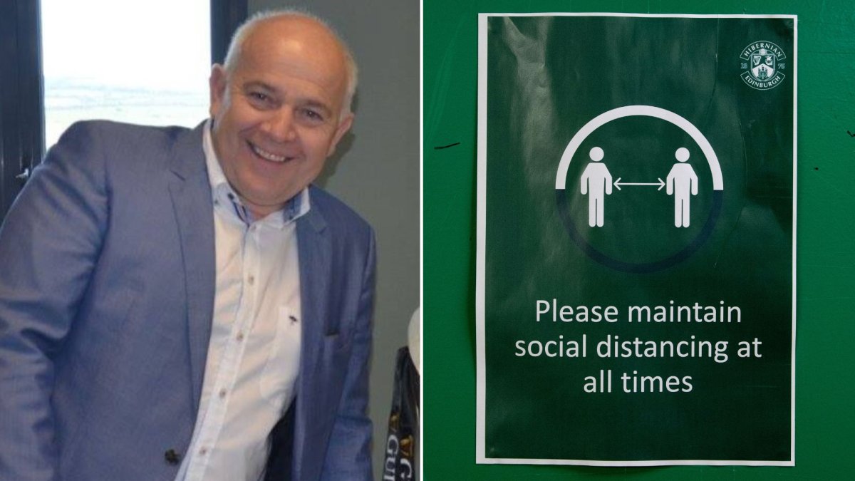 A split image. On the left is Kevin Davies. On the right is a sign saying to "maintain social distancing at all times."