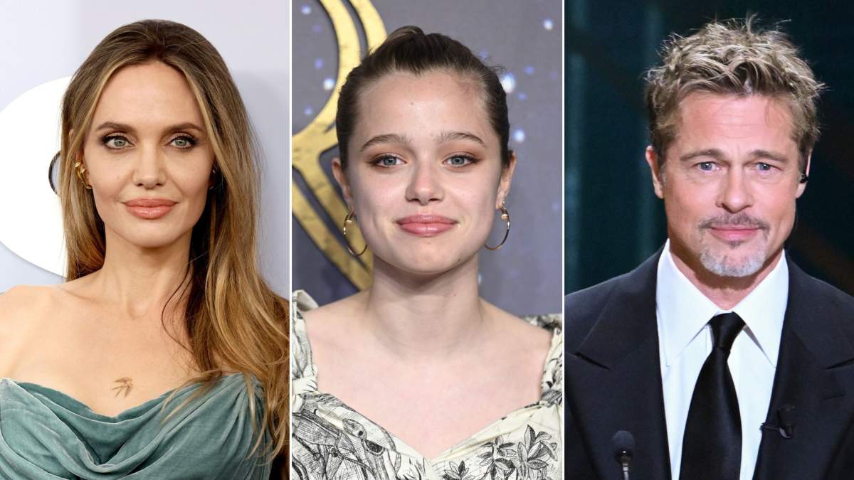 A tri-split image. On the left is Angelina Jolie. In the center is Shiloh Jolie. On the right is Brad Pitt.