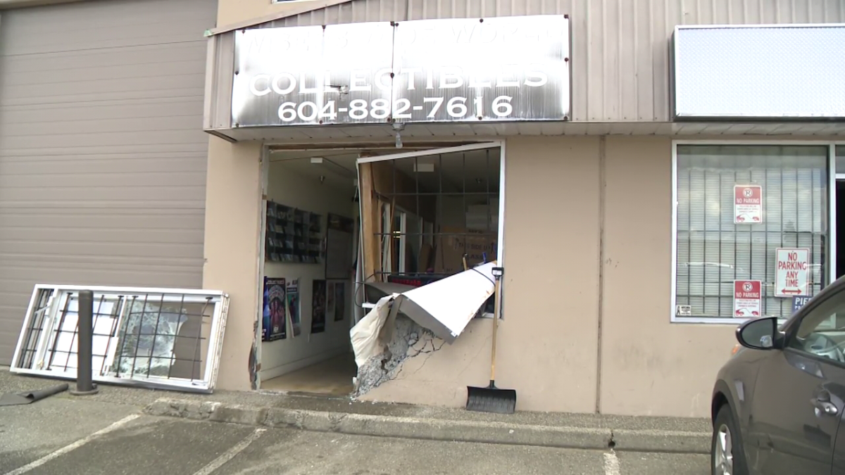 Damage to Wiser's Wide World of Collectibles in Langley. 