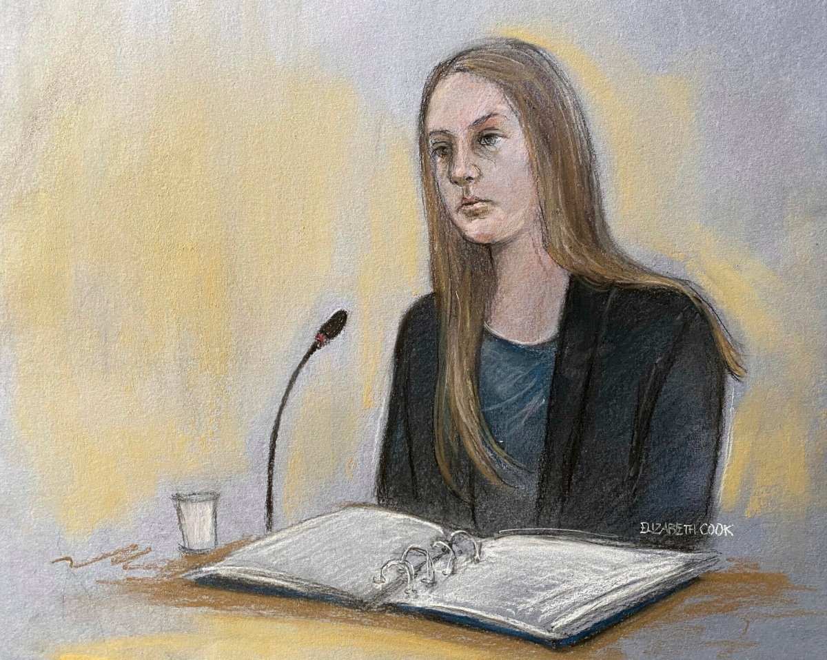 Court artist drawing by Elizabeth Cook dated June 6, 2024, of Lucy Letby giving evidence during her trial at Manchester Crown Court, in Manchester, England.