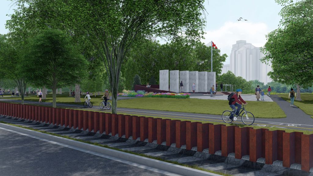 A rendering of the sheet flood wall along the Sunnyside Flood Barrier near the Calgary Soldiers’ Memorial.