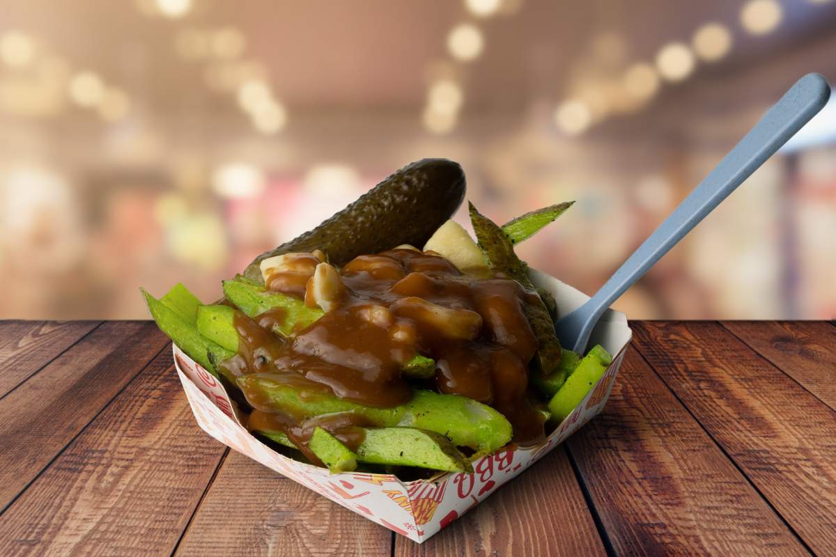 The pickle fry poutine uses freshly brined pickles instead of French fries. The pickles are seasoned, fried and topped with Quebec cheese curds and hot gravy.