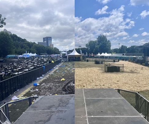 A split image showing the before and after of an outdoor concert cleanup.