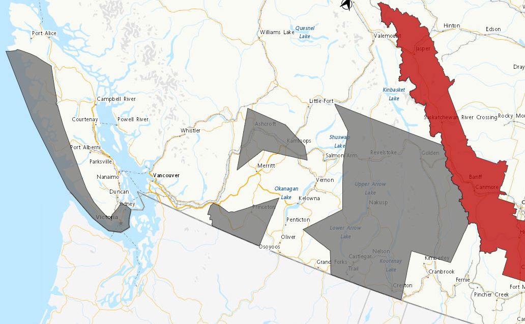 Smoky skies bulletins (grey) are in place for much of Southern B.C.