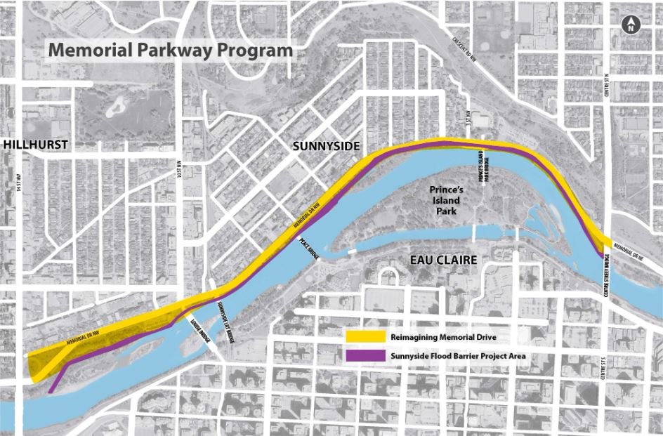 A map showing the distance of the Sunnyside Flood Barrier.