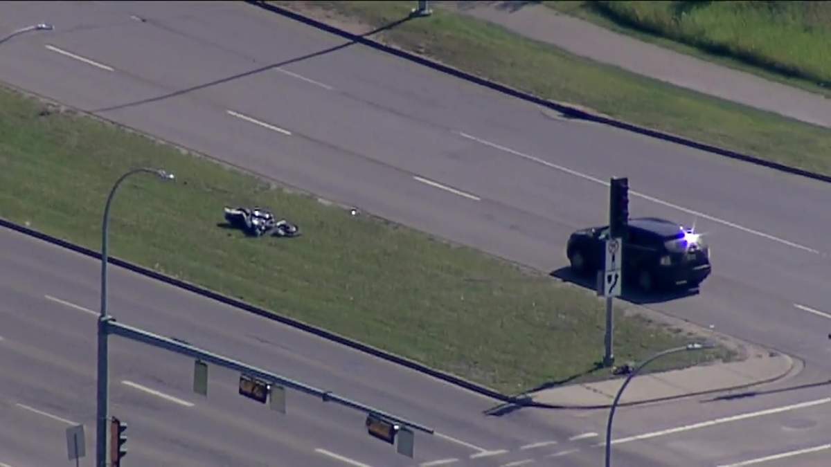 A Honda motorcycle travelling south on 17th Street collided with a Ford Edge turning onto 17th Street from the Whitemud eastbound exit ramp.