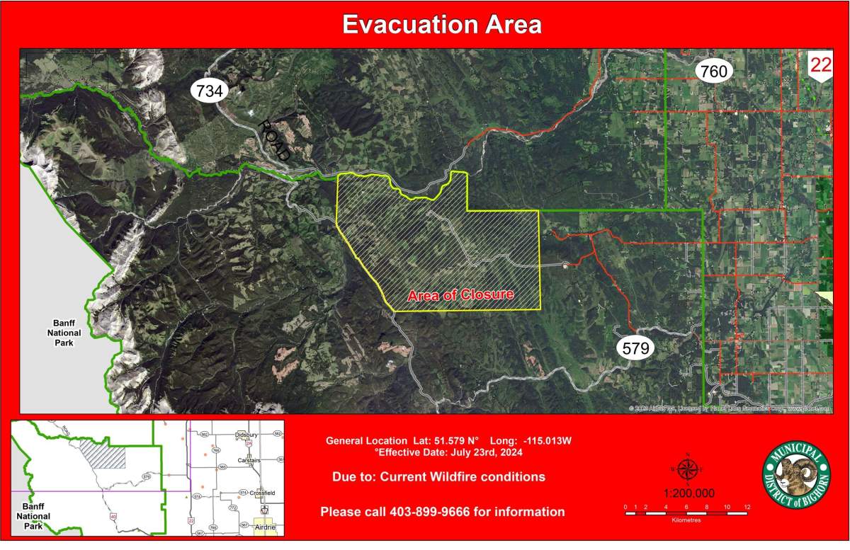The evacuation area due to a wildfire 25 kilometres west of Water Valley. Alta.