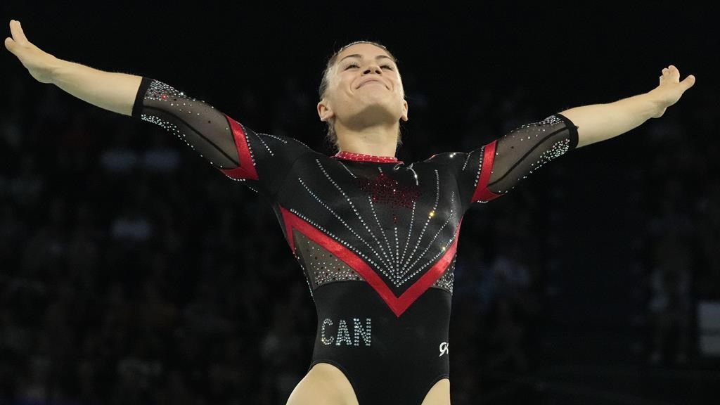 Sophiane Methot of Canada competes during the women's trampoline qualification round in Bercy Arena at the 2024 Summer Olympics, Friday, Aug. 2, 2024, in Paris, France. Methot has won the bronze medal in women's trampoline gymnastics at the Paris Olympics.THE CANADIAN PRESS/AP/Charlie Riedel.