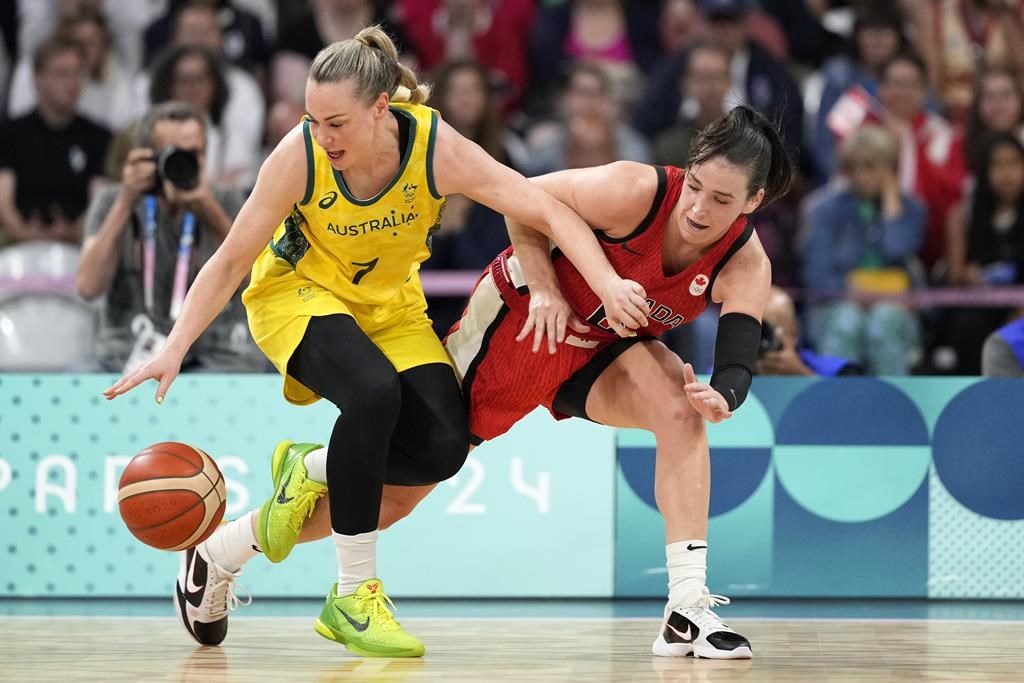 Australia's Tess Madgen dribbles while under pressure from Canada's Bridget Carleton during a women's basketball game at the 2024 Summer Olympics, Thursday, Aug. 1, 2024, in Villeneuve-d'Ascq, France. THE CANADIAN PRESS/AP-Michael Conroy.