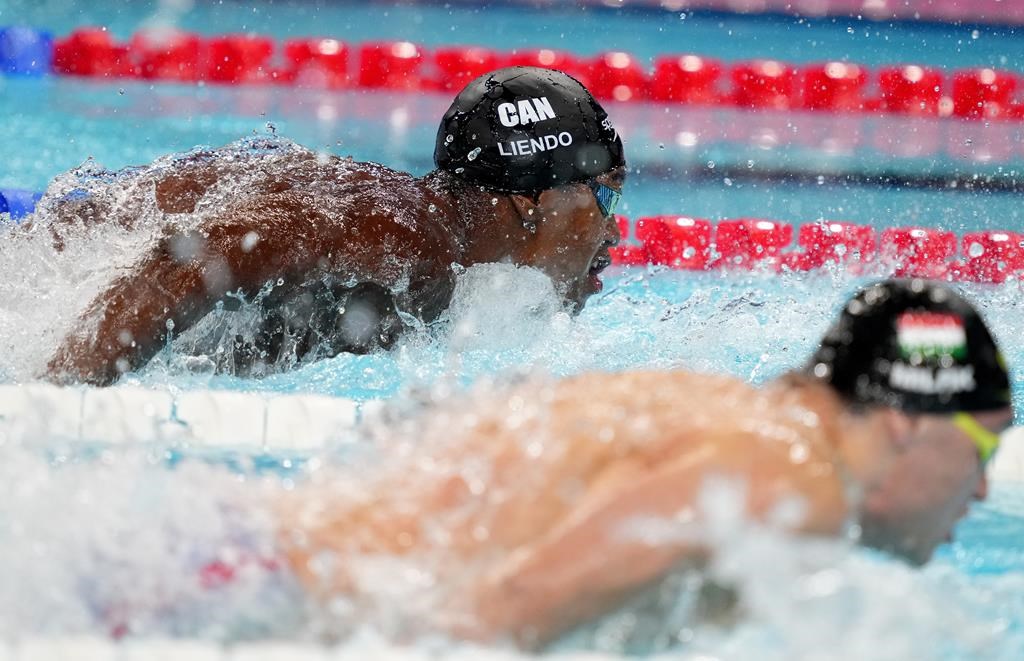 Canada's Josh Liendo, of Toronto, competes in the 100m men's butterfly final during the 2024 Summer Olympic Games, in Nanterre, France, Saturday, Aug. 3, 2024. THE CANADIAN PRESS/Christinne Muschi.