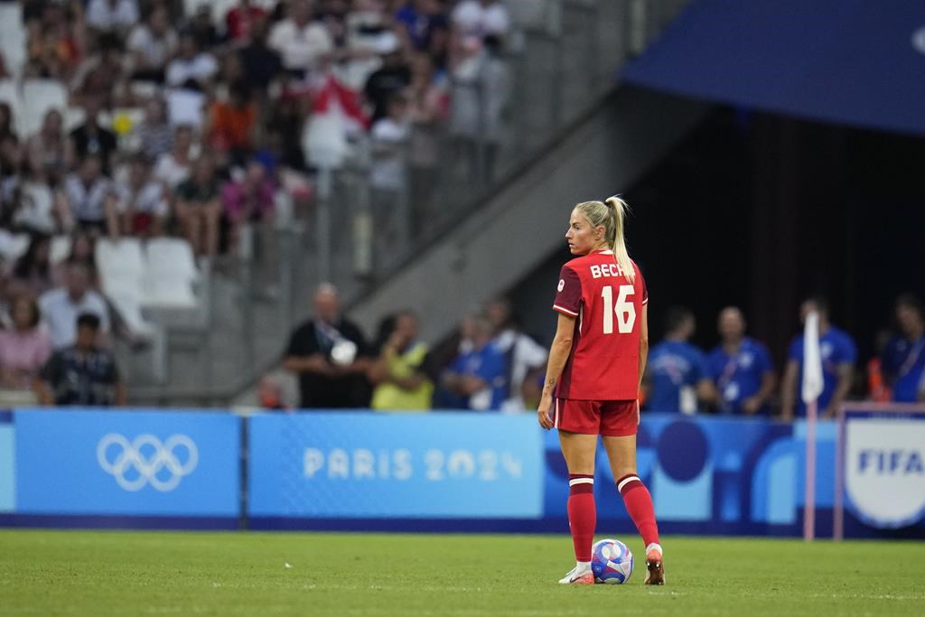 Canada's Janine Beckie participates in a women's quarterfinal soccer match between Canada and Germany at the 2024 Summer Olympics, Saturday, Aug. 3, 2024, at Marseille Stadium in Marseille, France. THE CANADIAN PRESS/AP/Julio Cortez.