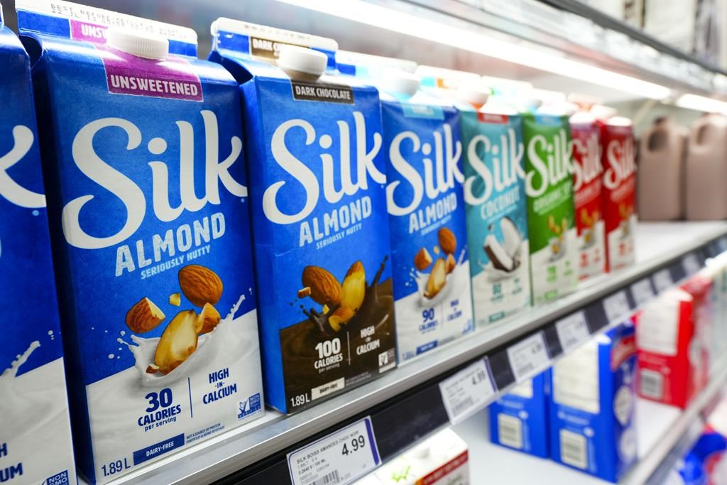 Almond and other alternatives to dairy milk products are displayed for sale at a grocery store in Aylmer, Que., on Thursday, May 26, 2022. The Canadian Food Inspection Agency says the recent Listeria contamination of several plant-based milks happened in a Pickering, Ont. facility called Joriki Inc.