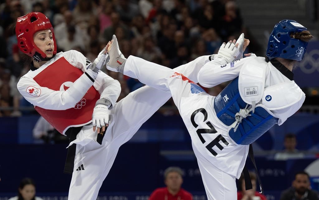 Canada's Skylar Park competes against Dominika Hronova in the taekwondo women's 57kg category at the Summer Olympics, Thursday, August 8, 2024 in Paris. 