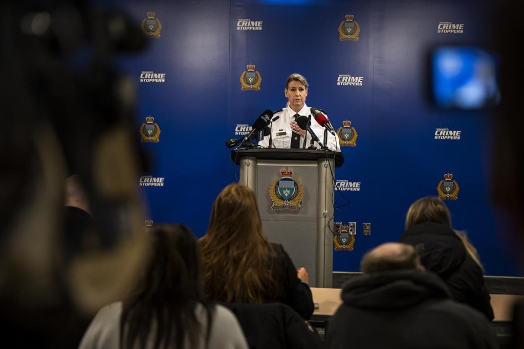 Inspector Jennifer McKinnon of the Winnipeg Police Service speaks during a press conference in Winnipeg on November 27, 2023. Manitoba's recent efforts to curb retail theft are working, by many accounts, and some businesses are hoping for more permanent changes. 