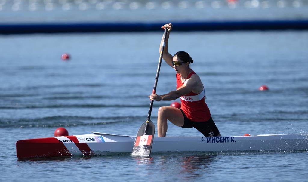 Katie Vincent, from Mississauga, Ont. races in the 200mcanoe semifinal at the Summer Olympics, Saturday, August 10, 2024 in Vaires-sur-Marne, France. THE CANADIAN PRESS/Adrian Wyld.