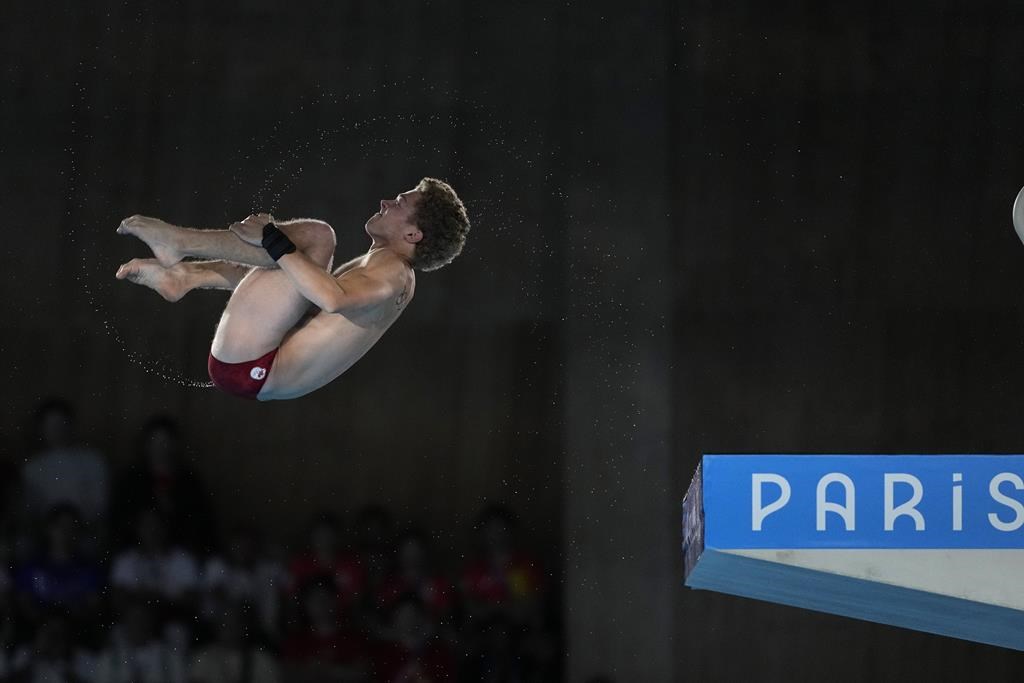 Canada's Rylan Wiens competes in the men's 10m platform diving final, at the 2024 Summer Olympics, in Saint-Denis, France, Saturday, Aug. 10, 2024. THE CANADIAN PRESS/AP-Lee Jin-man.