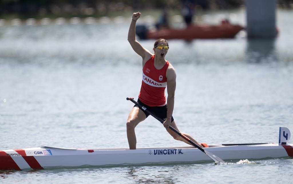 Katie Vincent, from Mississauga, Ont. celebrates after winning gold in the 200-metre canoe single final at the Summer Olympics, in Vaires-sur-Marne, France, Saturday, Aug. 10, 2024. THE CANADIAN PRESS/Adrian Wyld.