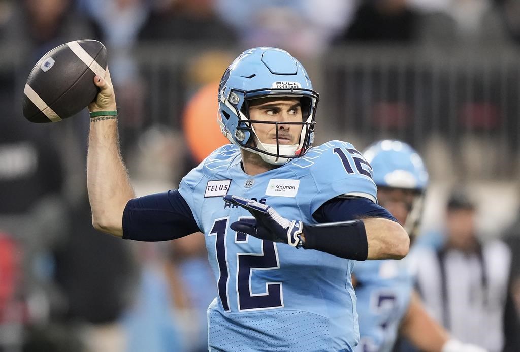 Toronto Argonauts quarterback Chad Kelly passes the ball while playing against the Montreal Alouettes during first half CFL Eastern Conference finals football action in Toronto on Saturday, Nov. 11, 2023. 

