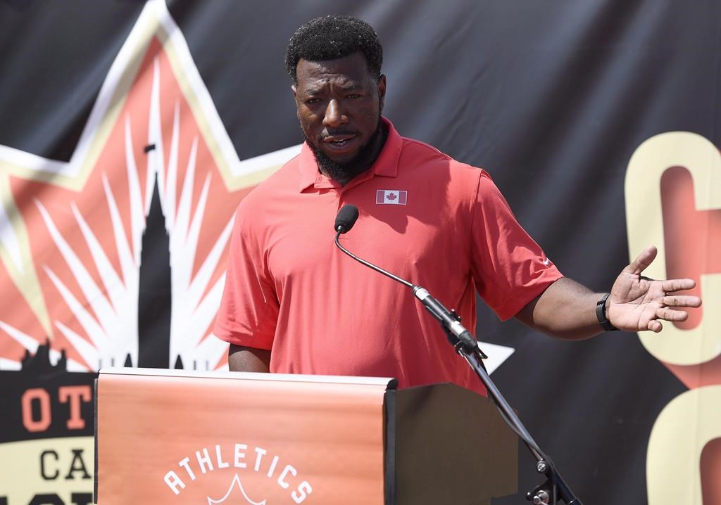 Athletics Canada head coach Glenroy Gilbert speaks at a press conference at the Canadian Track and Field Championships in Ottawa on Thursday, July 5, 2018. Gilbert enjoyed the resilience he saw from Canada's athletics team at the Paris Olympics.
THE CANADIAN PRESS/Justin Tang.