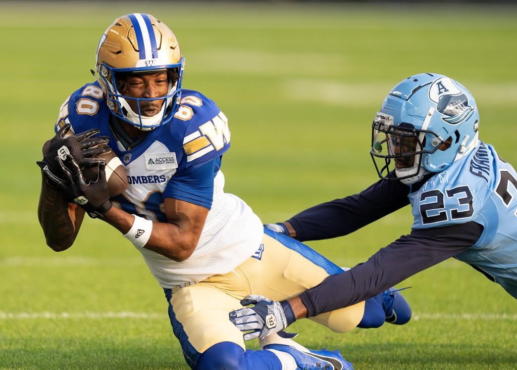 Winnipeg Blue Bombers wide receiver Ontaria Wilson (80) makes a catch in front of Toronto Argonauts defensive back Benjie Franklin (23) during first half CFL football action in Toronto on Saturday, July 27, 2024. Ontaria Wilson has been quite a find for the Winnipeg Blue Bombers. The six-foot, 175-pound rookie is the CFL club's top receiver with 37 catches for 575 yards and two TDs at the halfway point of the season for Winnipeg (3-6). 