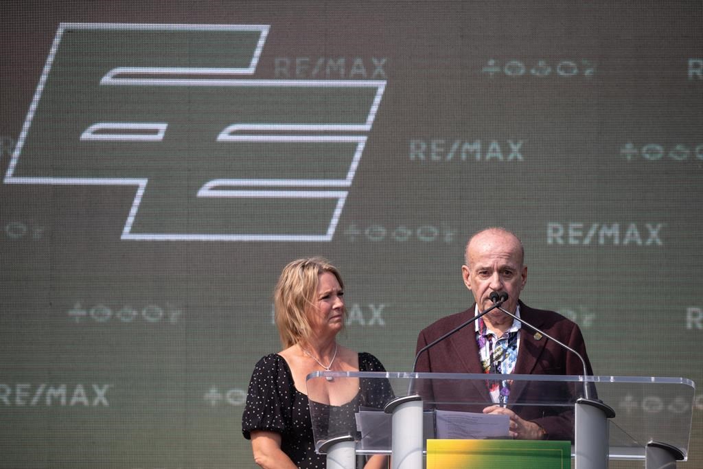 CFL Edmonton Elks new owner Larry Thompson and his wife Deb Thompson speak during a press conference in Edmonton, Alta., on Thursday August 15, 2024.