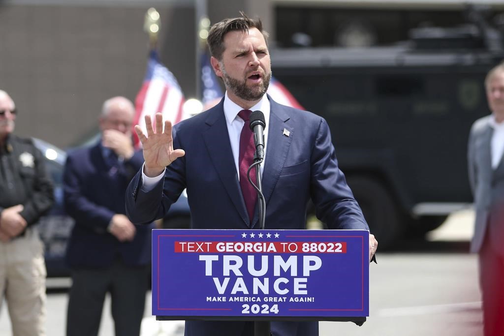 Republican vice presidential nominee Sen. JD Vance, R-Ohio, speaks at a campaign rally at the Lowndes County Sheriff's Office, Thursday, Aug. 22, 2024, in Valdosta, Ga.