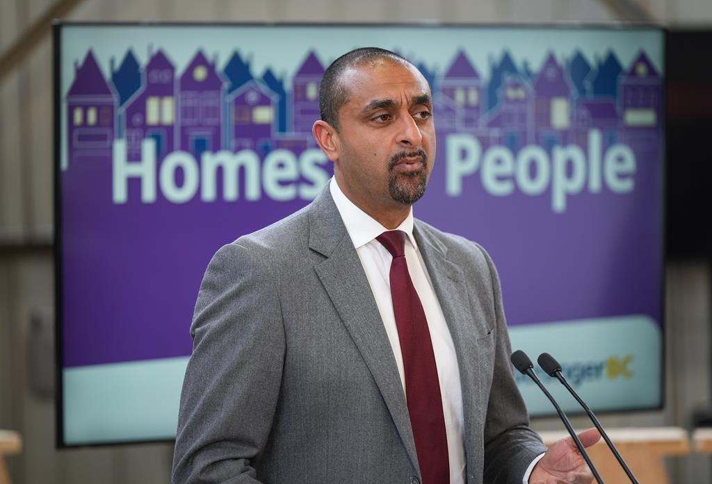 Minister of Housing Ravi Kahlon speaks during an announcement in Burnaby, B.C., on May 27, 2024. THE CANADIAN PRESS/Darryl Dyck.