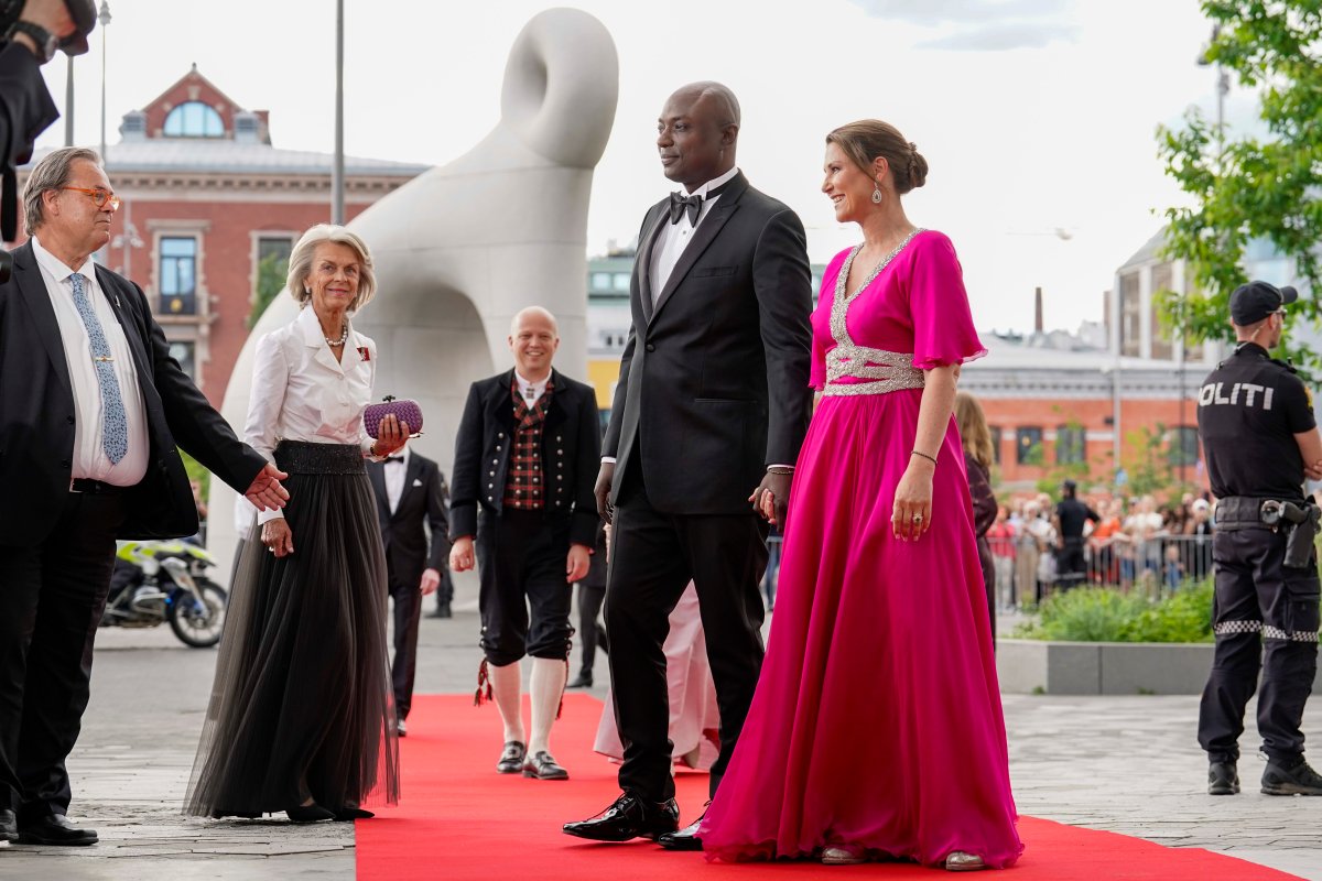 Norway's Princess Martha Louise and her fiance Durek Verrett arrive at the government's party event in connection with Princess Ingrid Alexandra's 18th birthday, which is held at Deichman Bjoervika, Oslo's main library, Thursday June 16, 2022.