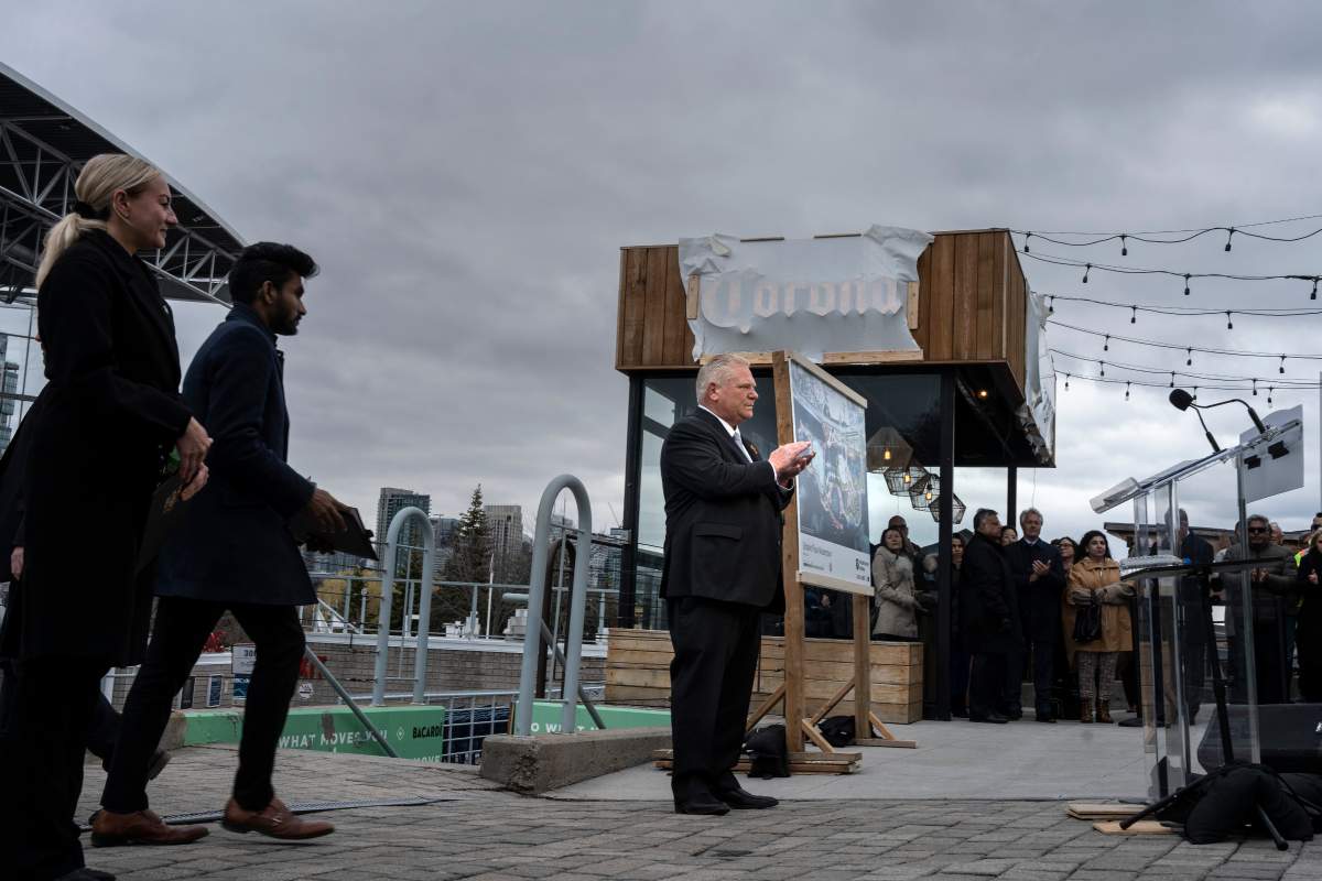 Ontario Premier Doug Ford holds a news conference at Ontario Place, in Toronto, Tuesday, April 18, 2023.