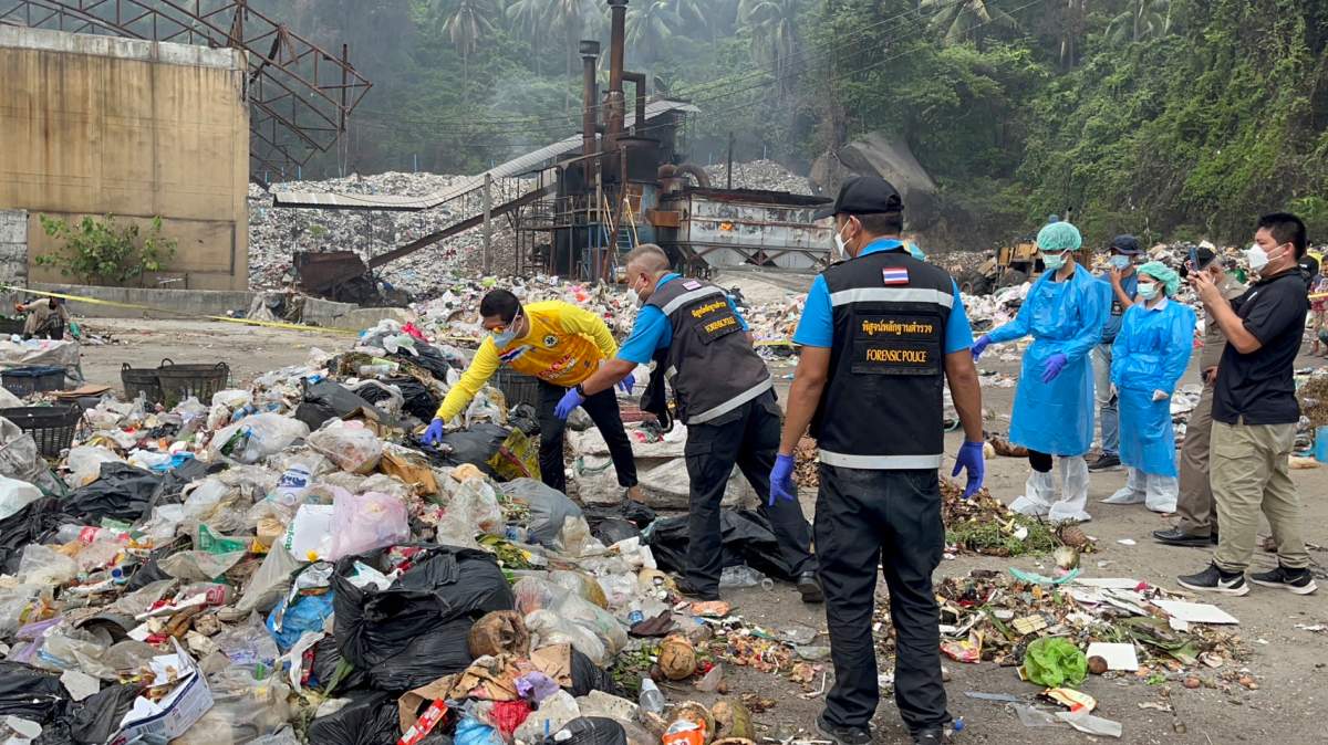FILE - Thai police forensic officers investigate a garbage dump site as they search for parts of the body of a Colombian surgeon in Koh Phagnan island, southern Thailand, Friday, Aug. 4, 2023. Daniel Sancho Bronchalo, the son of two Spanish film stars, has been arrested in Thailand on suspicion of murdering and dismembering Edwin Arrieta Arteaga on a tourist island, police said.