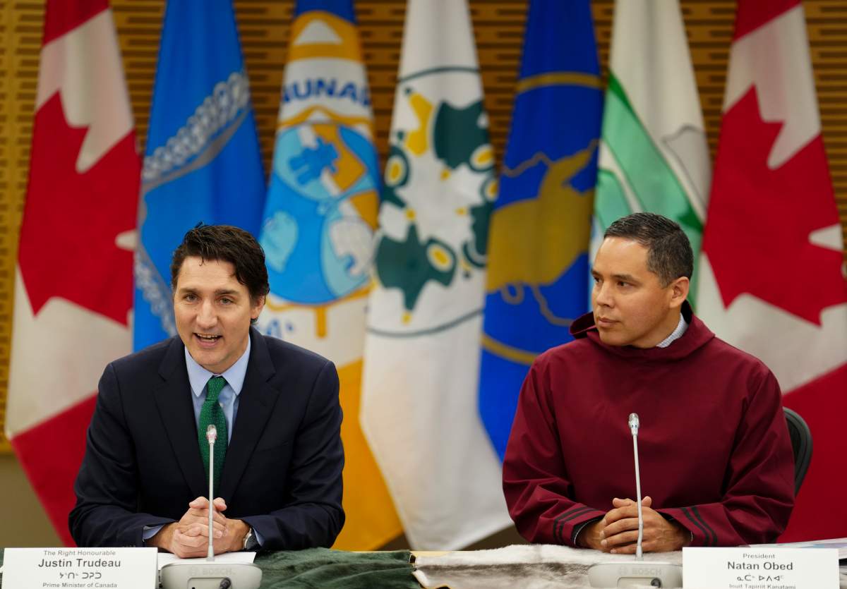 Prime Minister Justin Trudeau and the President of the Inuit Tapiriit Kanatami, Natan Obed in Ottawa on May 9, 2024. Obed told Global News, these practices are the “next stage of colonization."