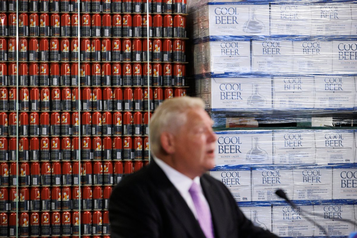 Ontario Premier Doug Ford speaks to media during a press conference at the Cool Beer Brewing Company in Toronto, on Wednesday, July 10, 2024.