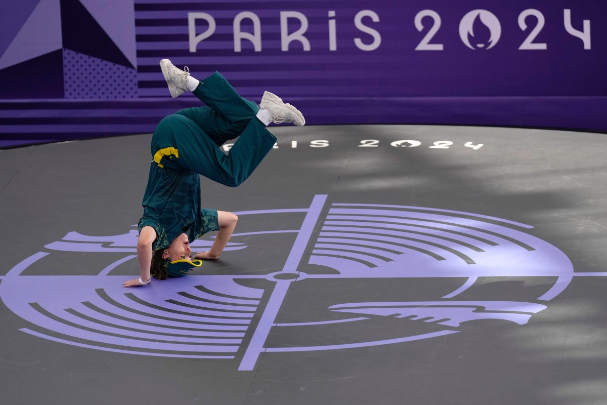 Australia's Rachael Gunn, known as B-Girl Raygun, competes during the Round Robin Battle at the breaking competition at La Concorde Urban Park at the 2024 Summer Olympics, Friday, Aug. 9, 2024, in Paris, France.