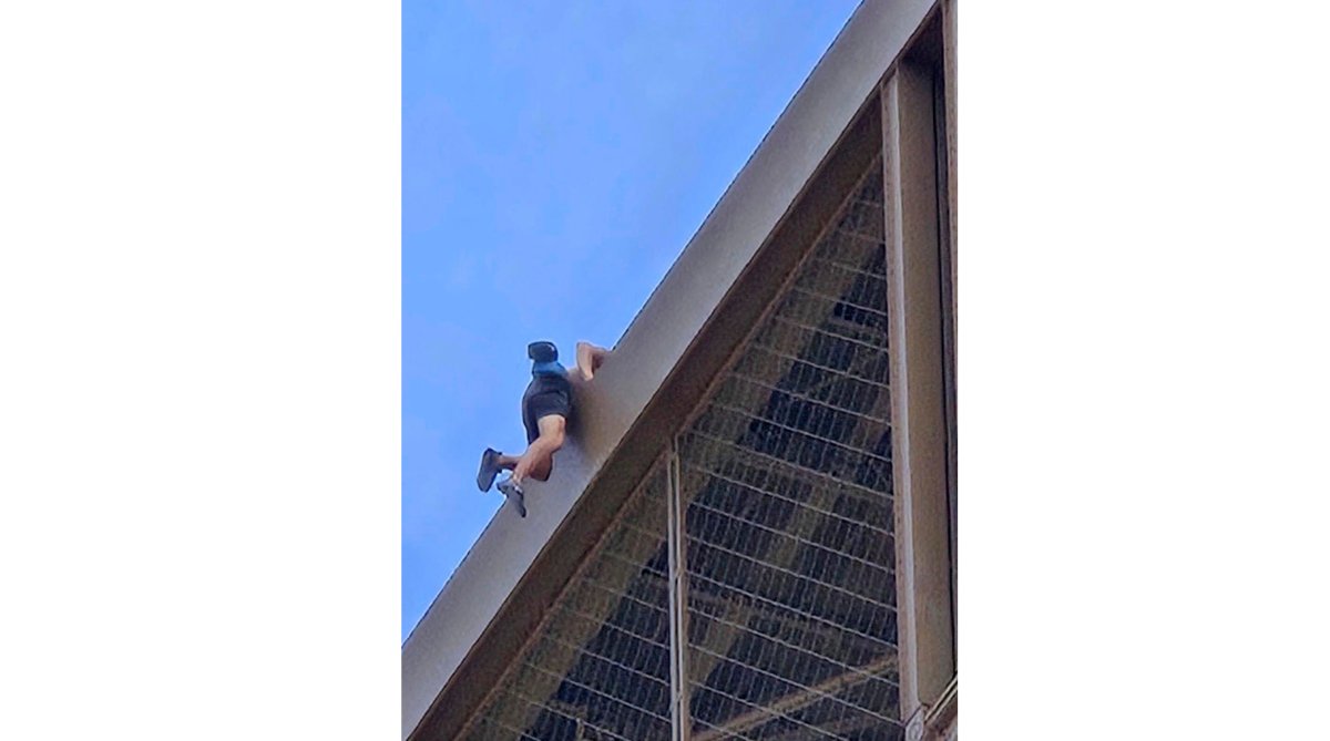 In this photo provided by Nickey Worlock, a man climbs the Eiffel Tower, during the 2024 Summer Olympics, Sunday, Aug. 11, 2024, in Paris France.