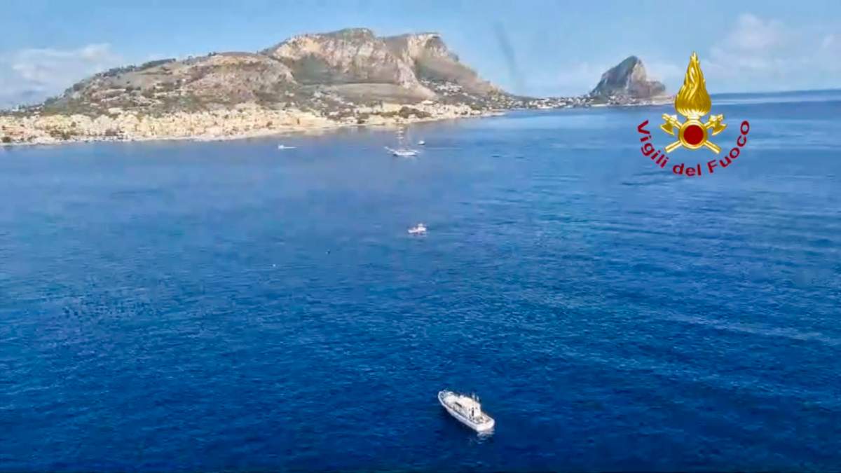 This picture taken from a video released by the Italian Firefighters on Monday, Aug. 19, 2024, shows the stretch of Sea near Palermo, Sicily, in southern Italy, where the sailing yacht Bayesian under the UK flag sank early Monday.