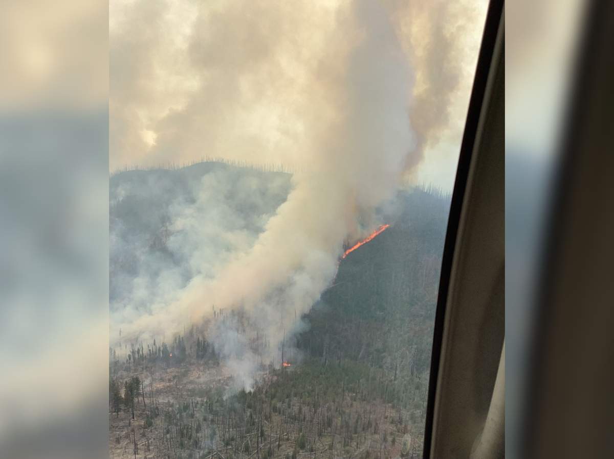 An aerial photo from Monday, Aug. 5, 2024, of the Calcite Creek wildfire that’s burning east of Manning Park.