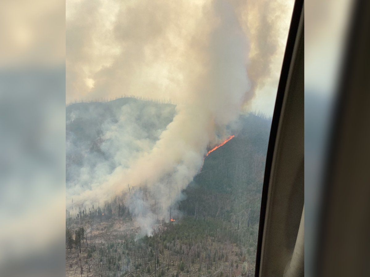 An aerial photo from Monday, Aug. 5, 2024, of the Calcite Creek wildfire that’s burning east of Manning Park.