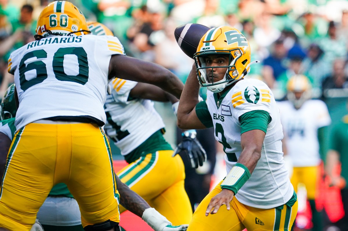 Edmonton Elks quarterback Tre Ford (2) winds up to throw against the Saskatchewan Roughriders during the first half of CFL football action in Regina, on Saturday, August 3, 2024.