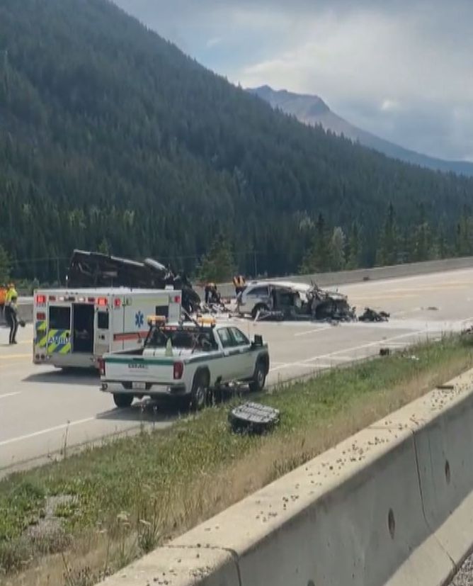 A view of the crash that closed the Trans-Canada Highway on Wednesday afternoon near Field, B.C., and close to the Alberta border.