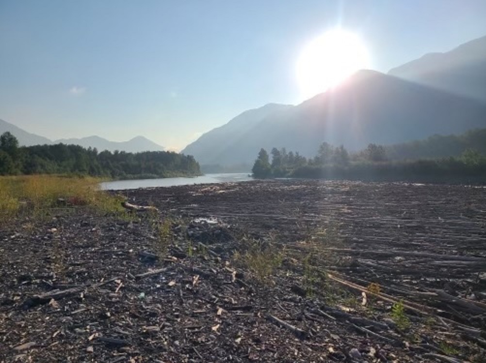 Отломки от свлачище което блокира река Чилкотин миналата седмица сега